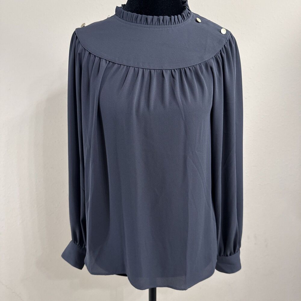 Loft Blouse Womens Petite X Small NWT Gray Ruffle High Neck Pleated Shacker Top